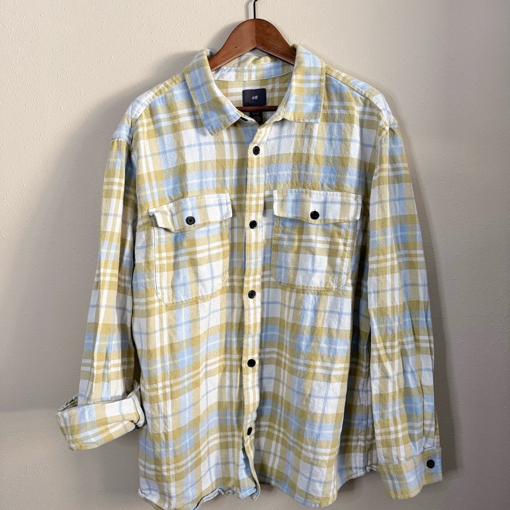 H&M Yellow Gray Plaid Flannel Shirt XXL Button Down
